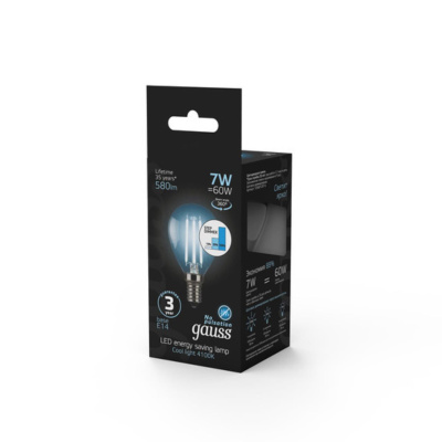 105801207-S Лампа Gauss Filament Шар 7W 580lm 4100К Е14 шаг. диммирование LED 1/10/50