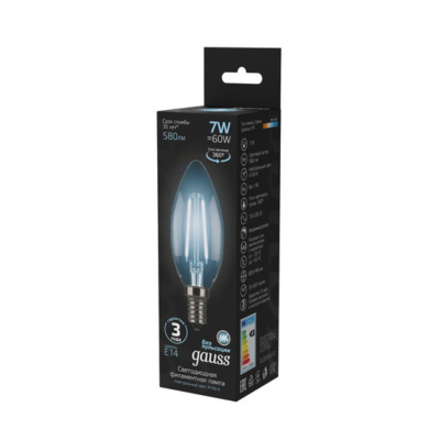 103801207 Лампа Gauss LED Filament Свеча E14 7W 580lm 4100К 1/10/50