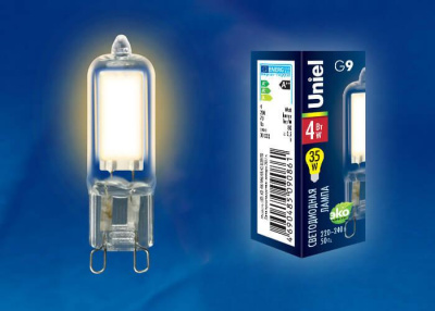 Лампа светодиодная Uniel G9 4W 3000K прозрачная LED-JCD-4W/WW/G9/CL GLZ01TR UL-00001815