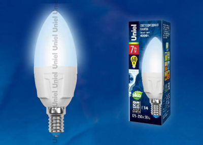 Лампа светодиодная Uniel E14 7W 4500K матовая LED-C37-7W/NW/E14/FR PLP01WH UL-00000767
